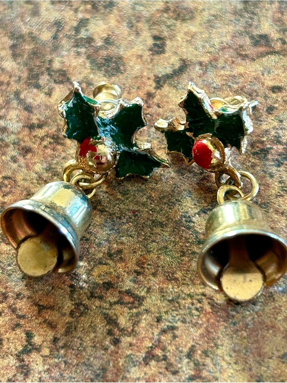 Gold Tone Holly Bell Drop Earrings with Green and Red Enamel - Women Jewelry